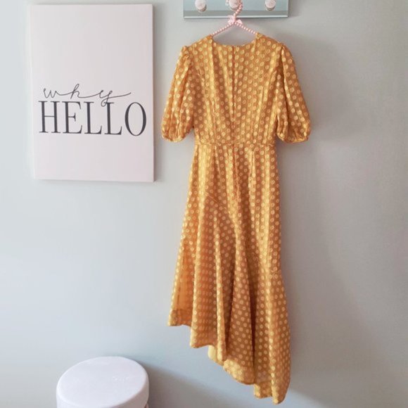 NWOT Keepsake mustard dot print ruched midi dress - Picture 6 of 7